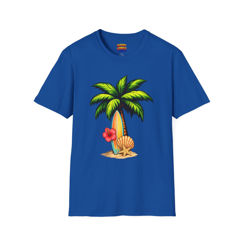 Palm Tree Surfboard T-Shirt — Tropical Beach Graphic Tee