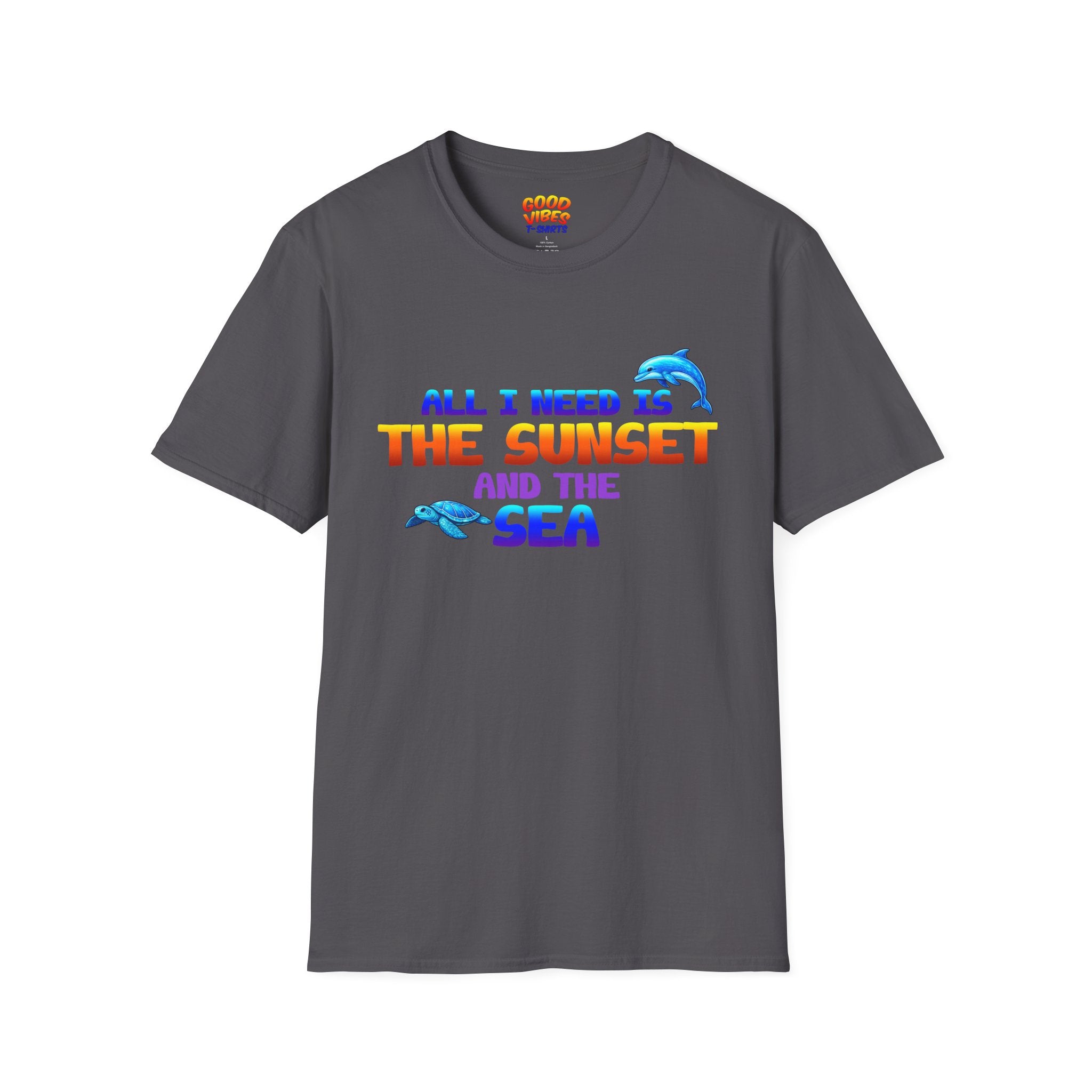 "All I Need Is The Sunset and The Sea" Dolphin Graphic -- Sunset & Sea T-Shirt