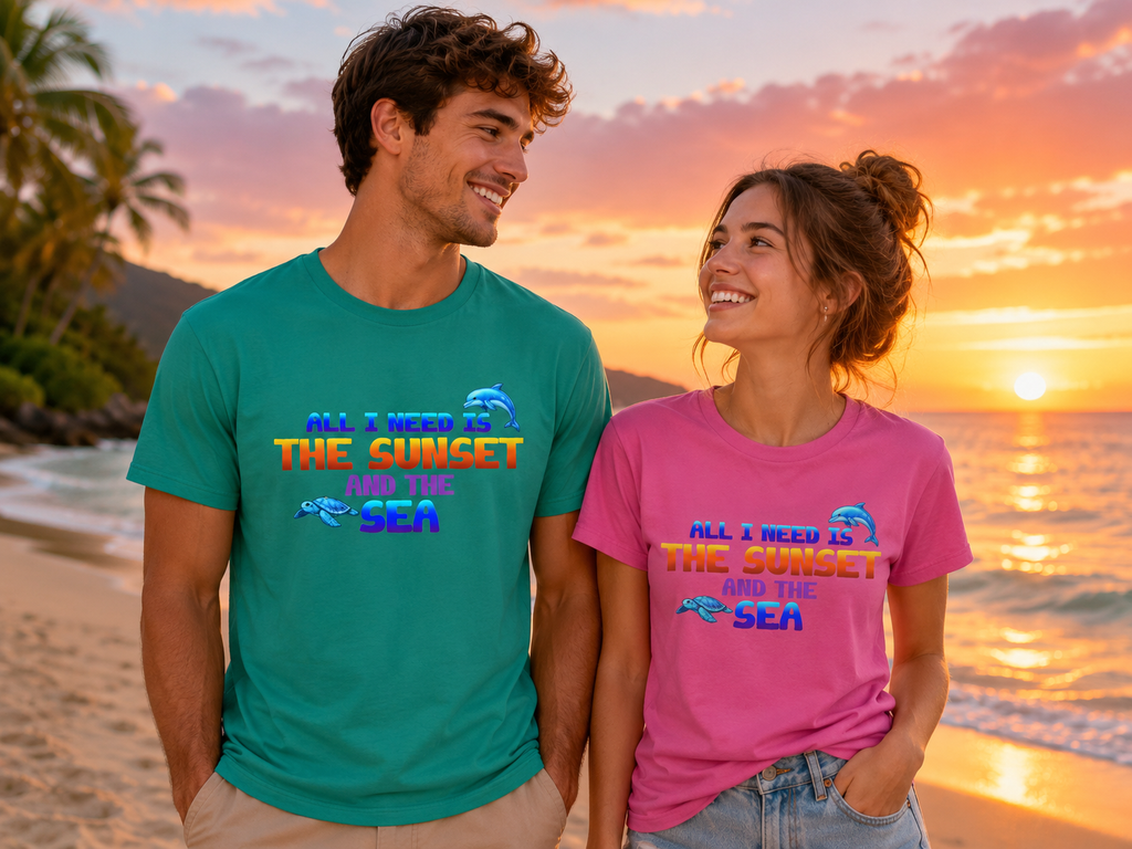 "All I Need Is The Sunset and The Sea" Dolphin Graphic -- Sunset & Sea T-Shirt