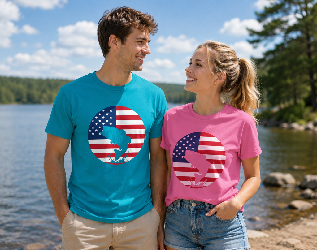 Hooked on Freedom Bass Fishing T-Shirt — Patriotic USA Flag Design