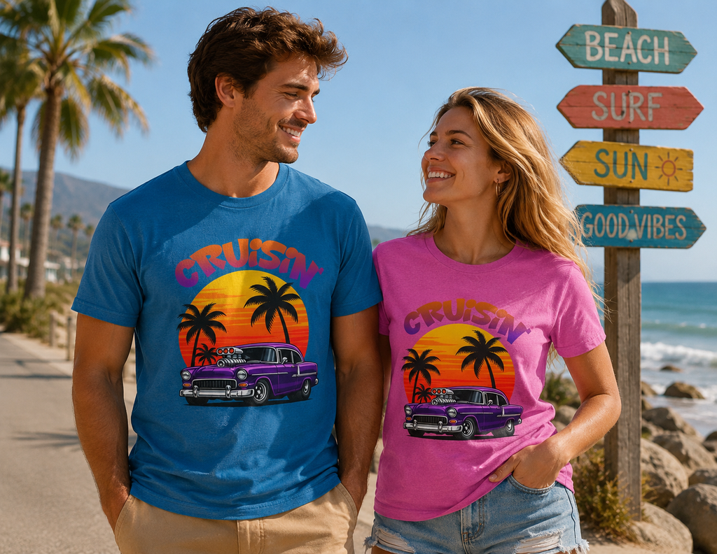Cruisin' Classic Cars T-Shirt — Retro Sunset Palm Beach Vibes