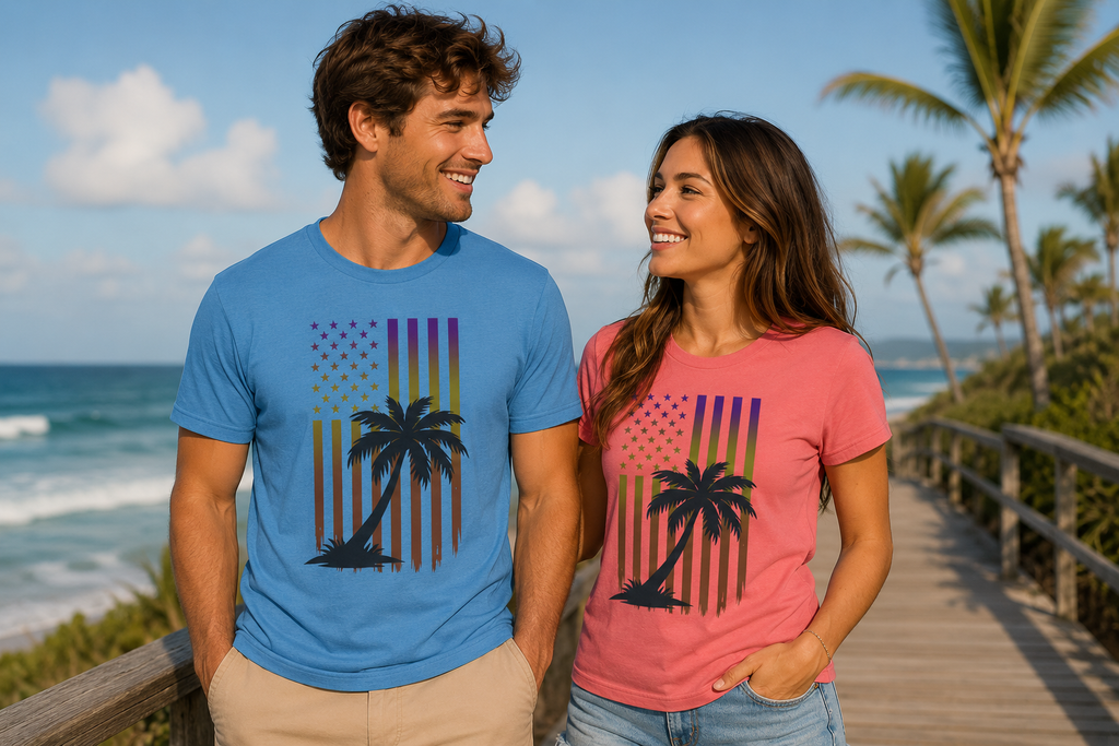 Palm Flag T-Shirt — Retro Sunset Palm Tree American Flag Tee