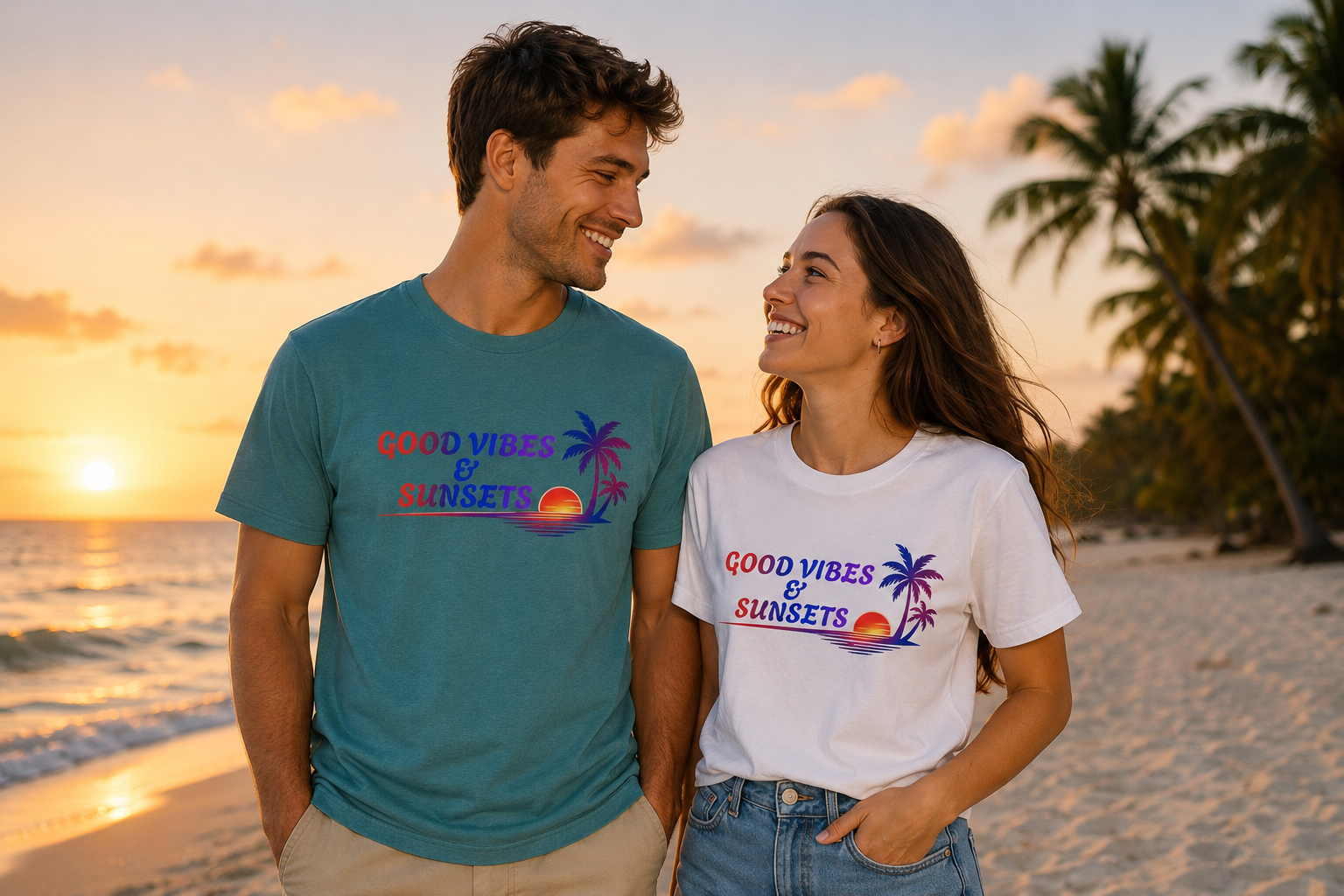 Good Vibes & Sunsets T-Shirt — Tropical Palm Beach Graphic Tee