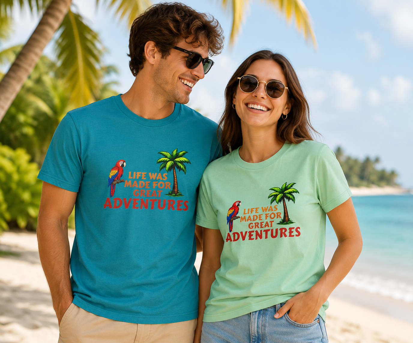 Adventure Graphic T-Shirt — "Life Was Made For Great Adventures" Tropical Parrot & Palm Design