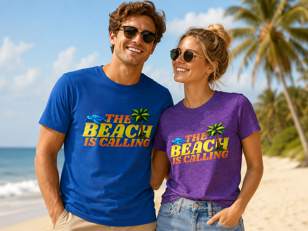 Beach Is Calling T-Shirt — Tropical Palm & Dolphin Summer Tee